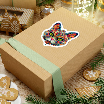 Psychedelic Mandala Cat Sticker | Vibrant Floral Trippy Vinyl Decal (Waterproof)