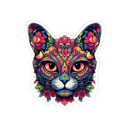 ColorFlow | Psychedelic Floral Cat Sticker with Roses and Orange Eyes | Boho Trippy Vinyl Decal for Laptop Water Bottle Journaling