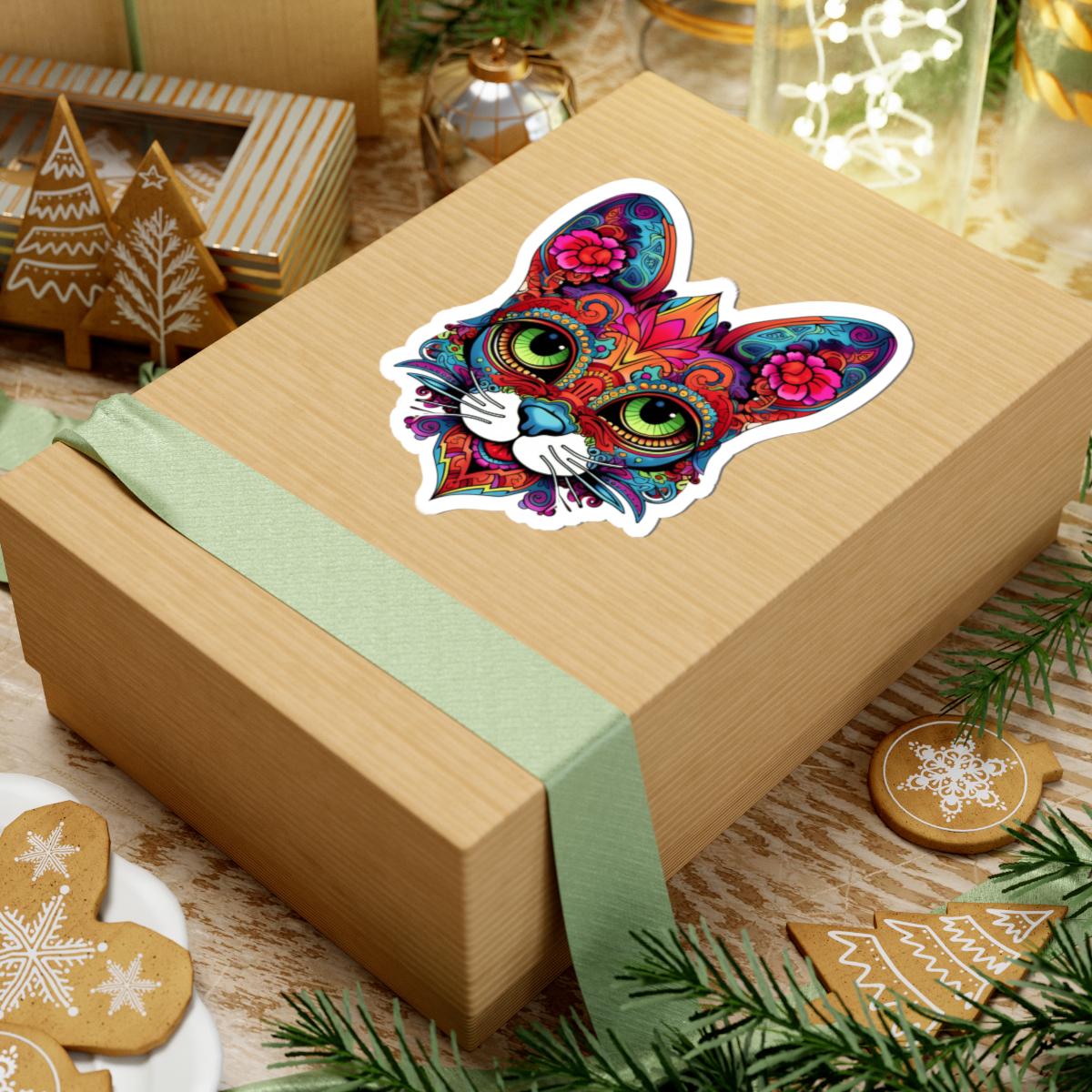 Psychedelic Floral Cat Sticker | Mandala Calavera Cat Decal, Green Eyes