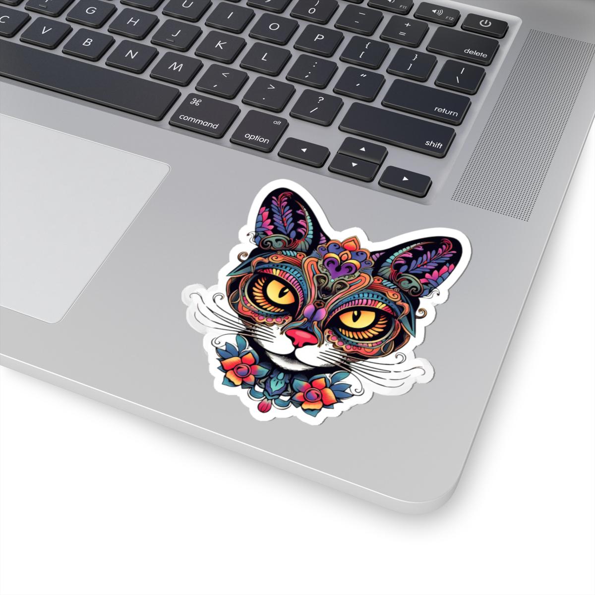 Floral Psychedelic Cat Sticker | Trippy Mandala Vinyl Decal, Yellow Eyes