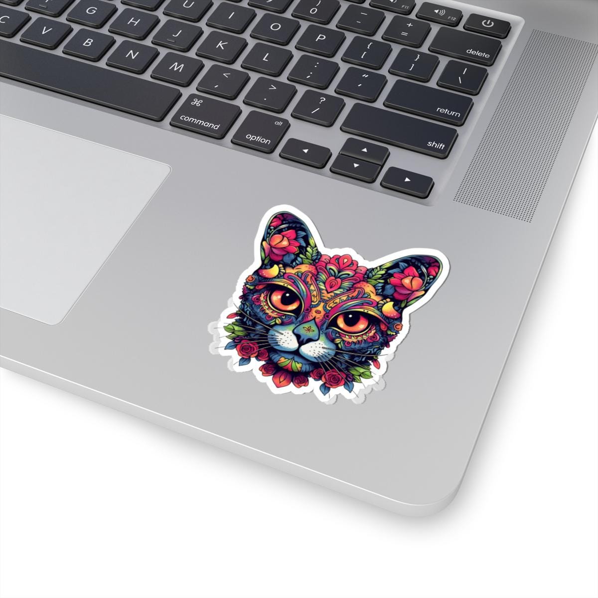 ColorFlow | Psychedelic Floral Cat Sticker with Roses and Orange Eyes | Boho Trippy Vinyl Decal for Laptop Water Bottle Journaling