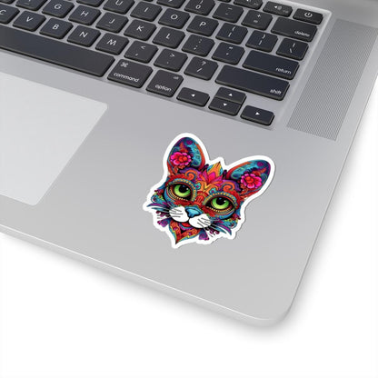 Psychedelic Floral Cat Sticker | Mandala Calavera Cat Decal, Green Eyes