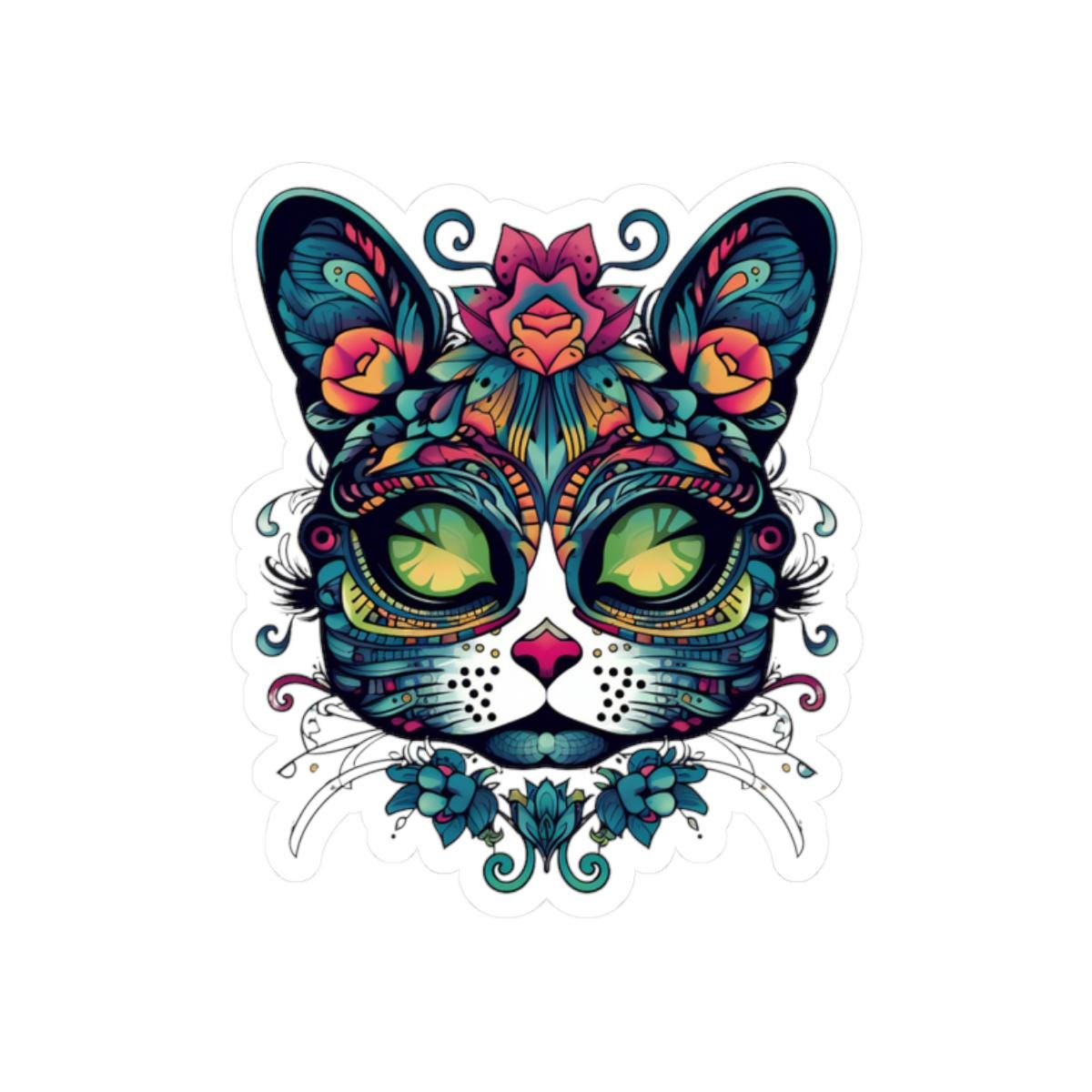 Mystical Botanical Cat Sticker | Psychedelic Floral Feline Vinyl Decal