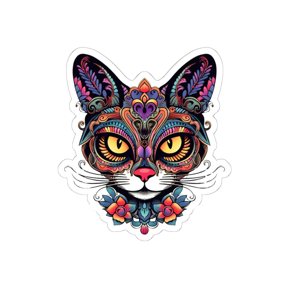Floral Psychedelic Cat Sticker | Trippy Mandala Vinyl Decal, Yellow Eyes