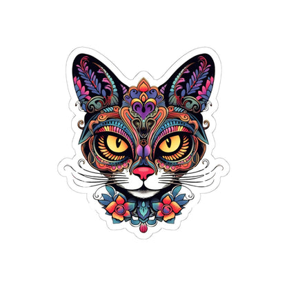 Floral Psychedelic Cat Sticker | Trippy Mandala Vinyl Decal, Yellow Eyes