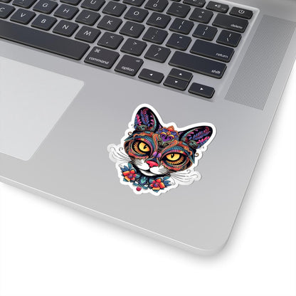 Floral Psychedelic Cat Sticker | Trippy Mandala Vinyl Decal, Yellow Eyes