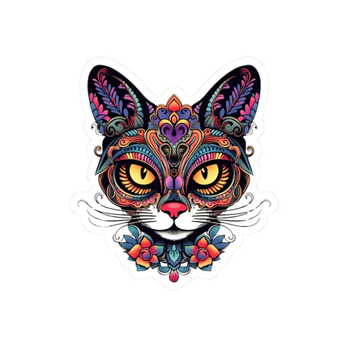 Floral Psychedelic Cat Sticker | Trippy Mandala Vinyl Decal, Yellow Eyes