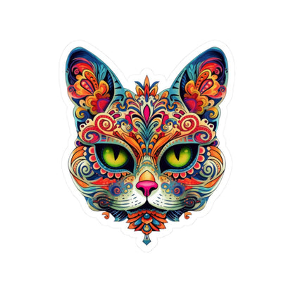 Psychedelic Mandala Cat Sticker | Vibrant Floral Trippy Vinyl Decal (Waterproof)