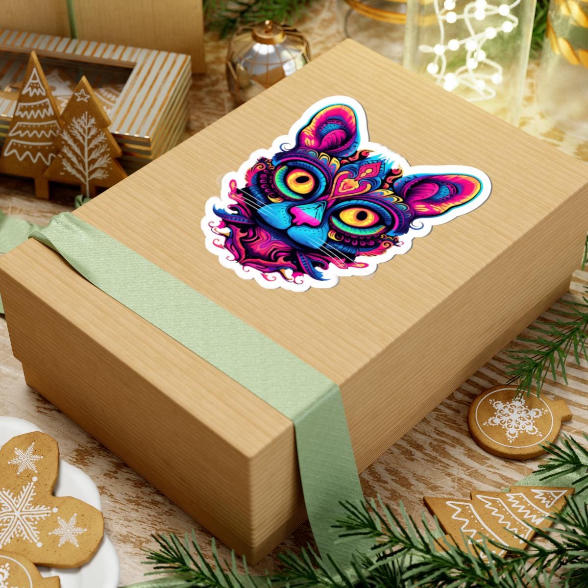 ColorFlow | Vibrant Psychedelic Cat Sticker with Neon Mandala Art | Trippy Rainbow Kitty Vinyl Decal | Mystical Boho Cat Design