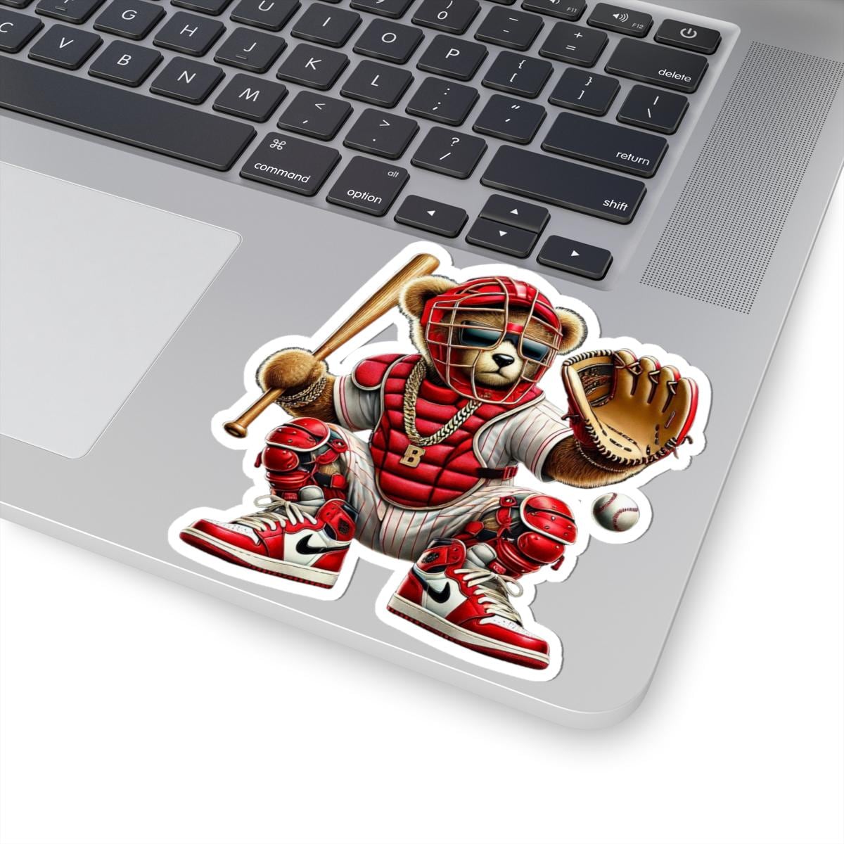 Baseball Catcher Bear Sticker | Red Gear, Gold Chain, Sports Fan Decal
