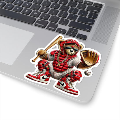 Baseball Catcher Bear Sticker | Red Gear, Gold Chain, Sports Fan Decal