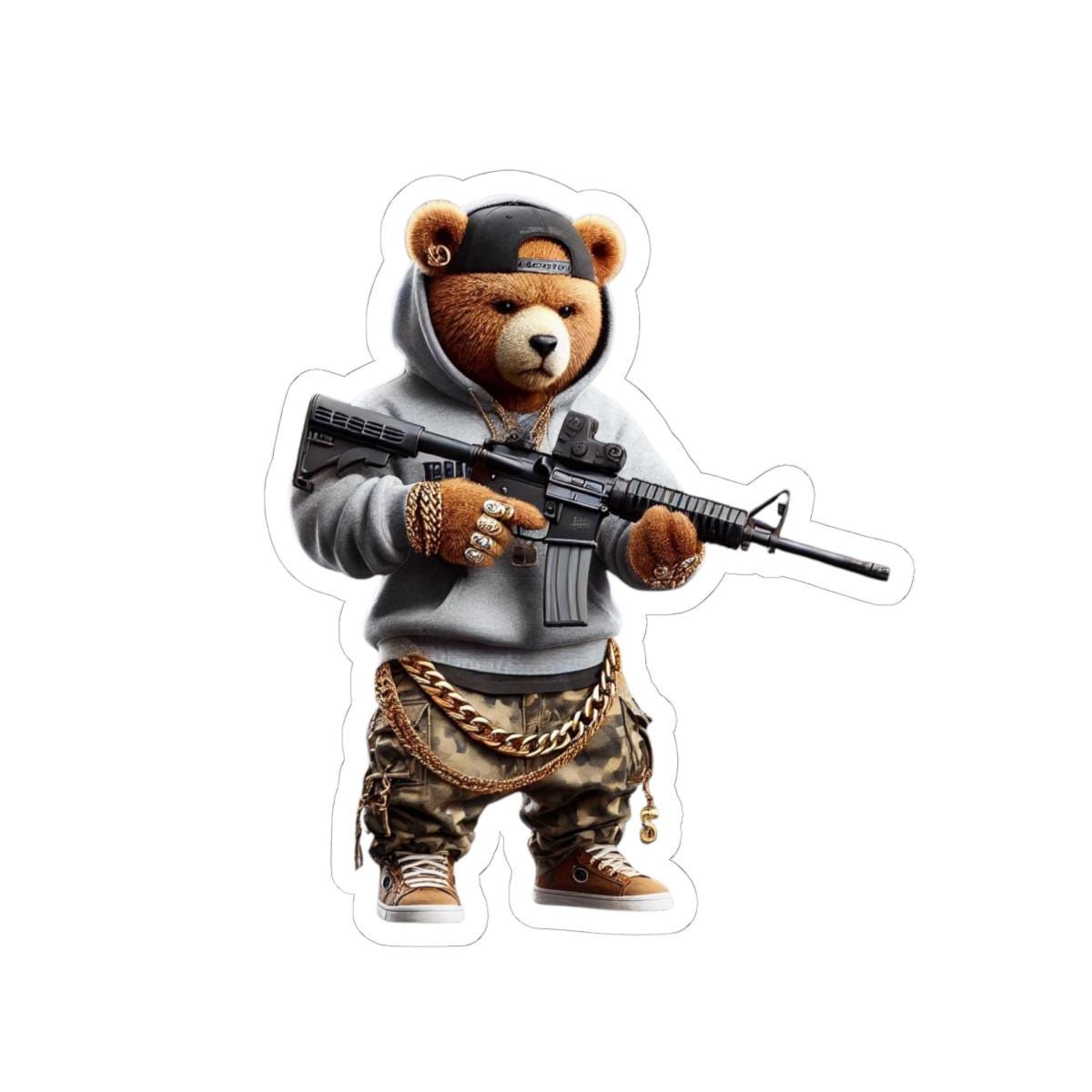 Camo Gangsta Bear Sticker | Gold Chain Hip Hop Vinyl Art Decal