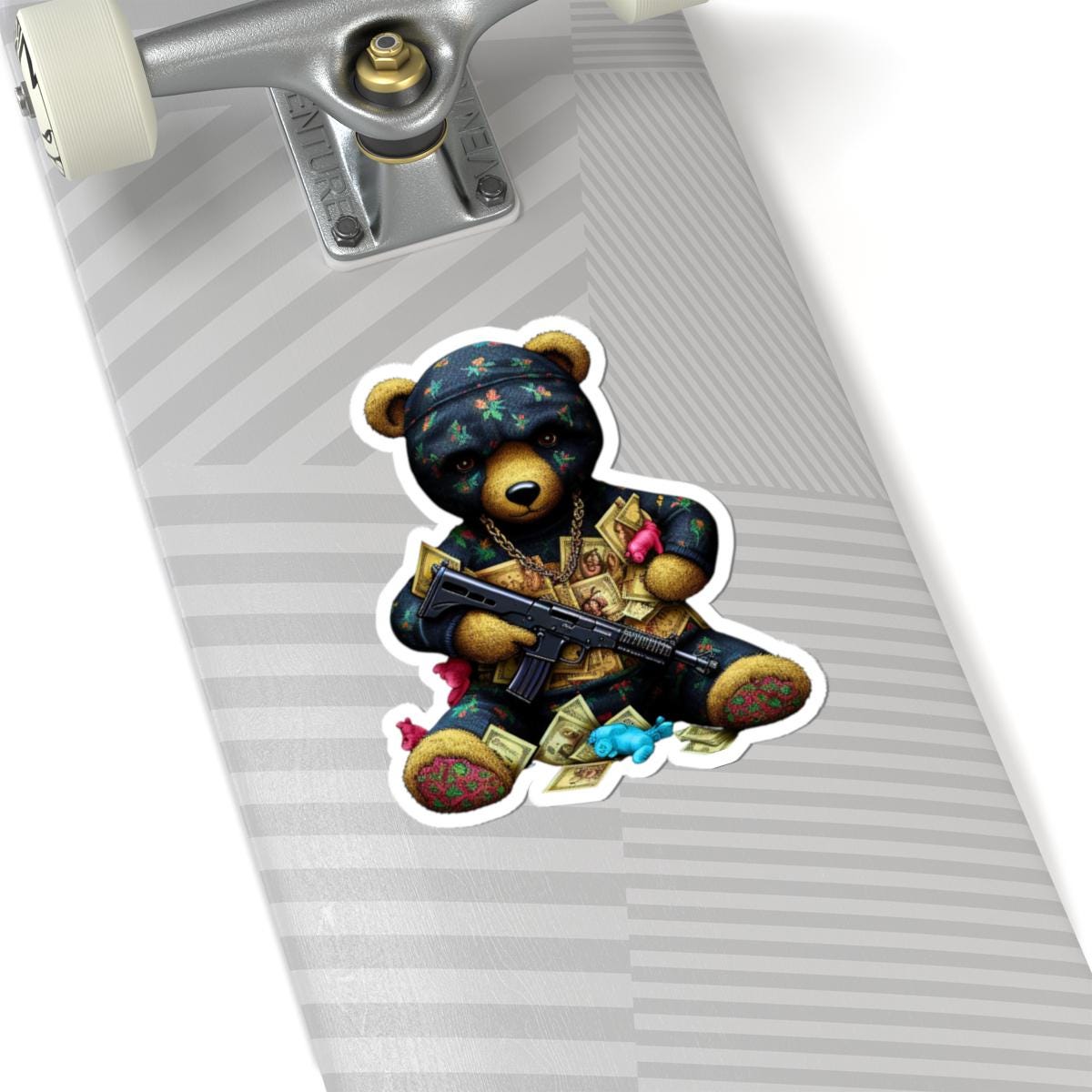 Gangsta Teddy Bear Sticker | Gold Chain, Rifle, Cash | Laptop Decal