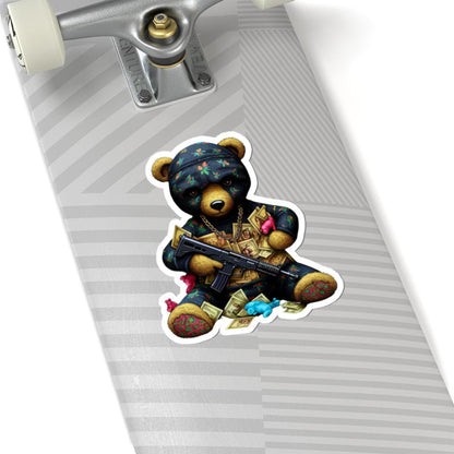Gangsta Teddy Bear Sticker | Gold Chain, Rifle, Cash | Laptop Decal
