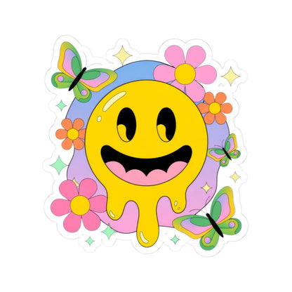 Groovy Drippy Smiley Face Sticker with Butterflies & Flowers | Retro Pastel Vinyl Decal