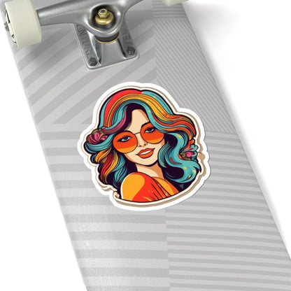 ColorFlow | Groovy Retro Woman Sticker with Colorful Hippie Hair and Sunglasses