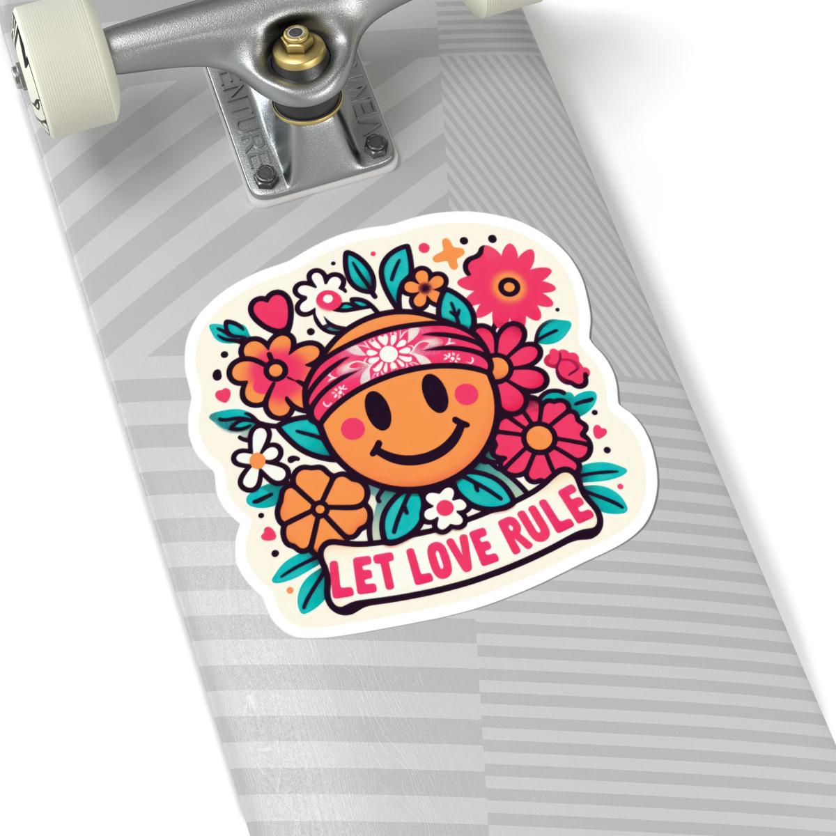 ColorFlow | Let Love Rule Sticker with Hippie Smiley and Flowers | Retro Groovy Vinyl Decal
