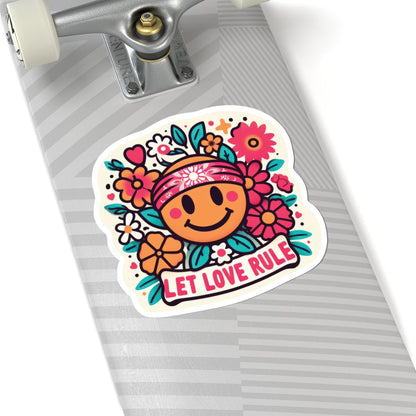 ColorFlow | Let Love Rule Sticker with Hippie Smiley and Flowers | Retro Groovy Vinyl Decal