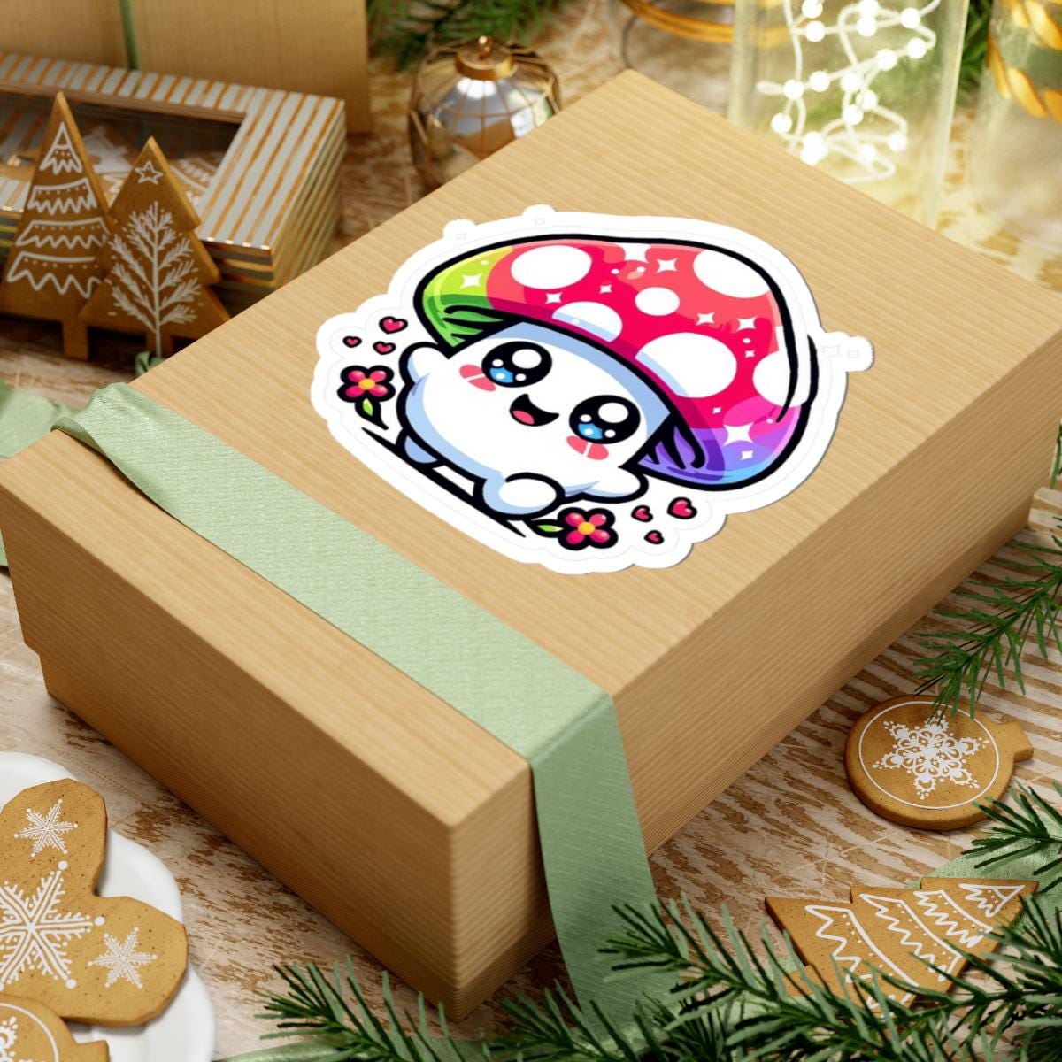 Rainbow Kawaii Mushroom Sticker | Sparkle Eyes, Flowers, Vinyl Decal