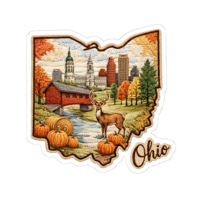 Ohio Autumn Heritage Vinyl Sticker | Covered Bridge, Skyline, Deer, Pumpkins