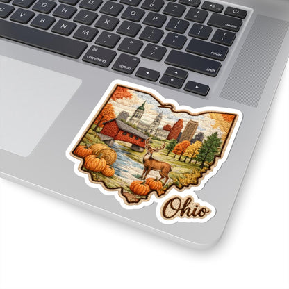 Ohio Autumn Heritage Vinyl Sticker | Covered Bridge, Skyline, Deer, Pumpkins