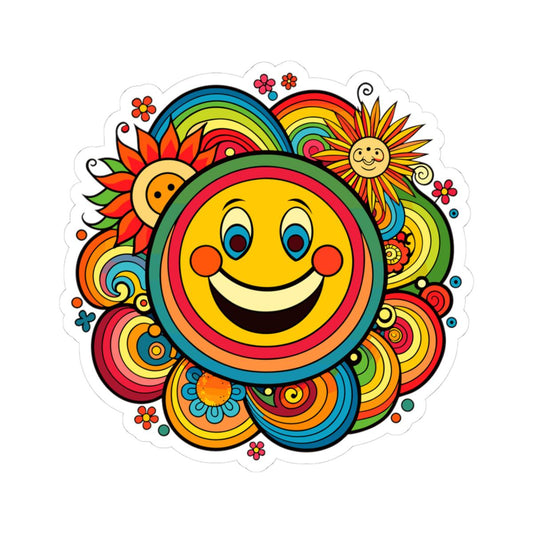 ColorFlow | Groovy Smiley Face Emoji Sticker | Retro Happy Sun Vinyl Decal for Laptops Water Bottles Cars Hydroflask Decor