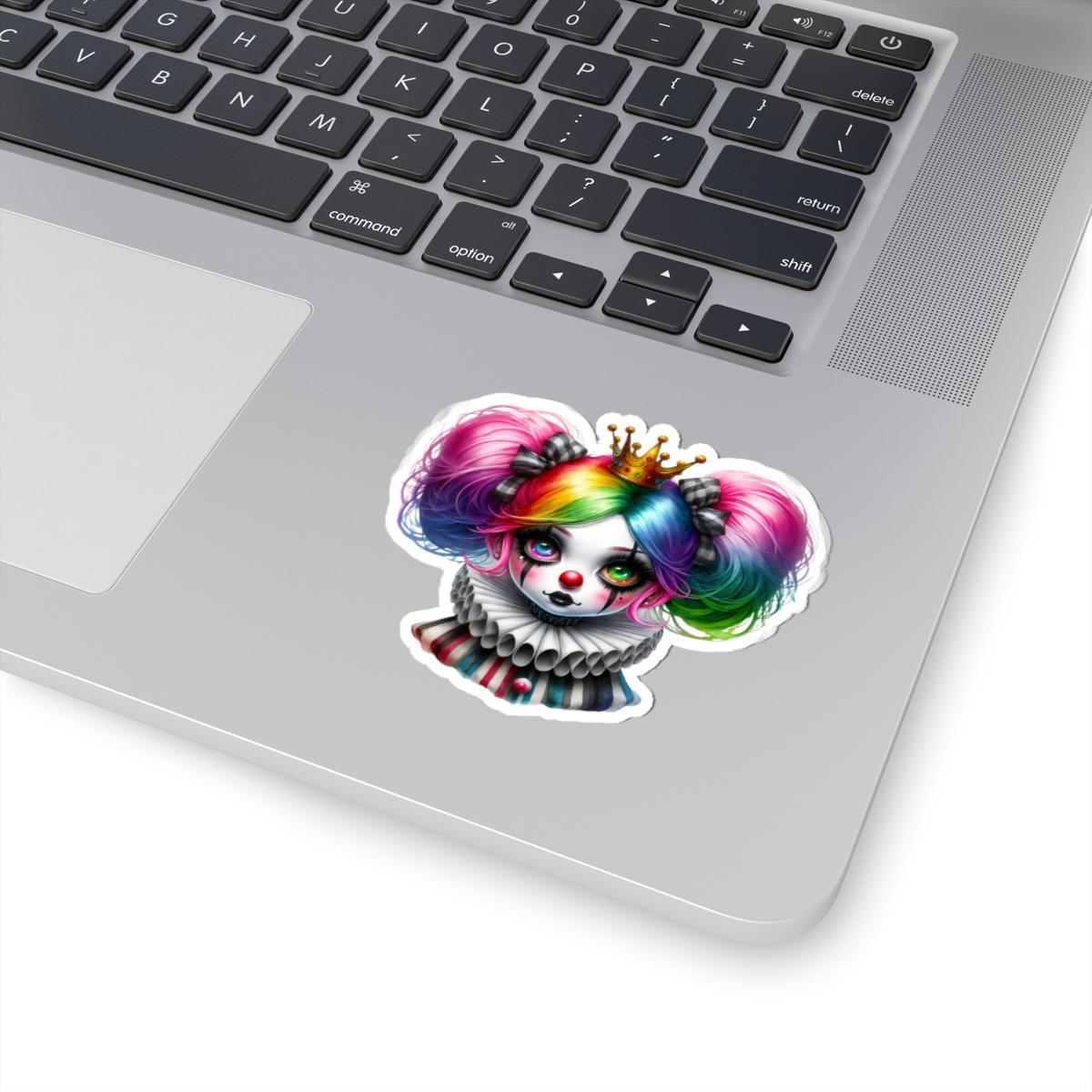 ColorFlow | Rainbow Circuscore Clown Girl Sticker | Big Hair Pastel Goth Princess | Striped Collar Vinyl Decal
