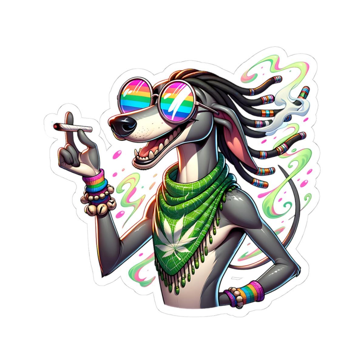 ColorFlow Rasta Greyhound Glossy Vinyl Sticker | Kiss Cut or Die Cut | Waterproof Weed Dog Reggae Art Decal for Laptops Cars Bottles