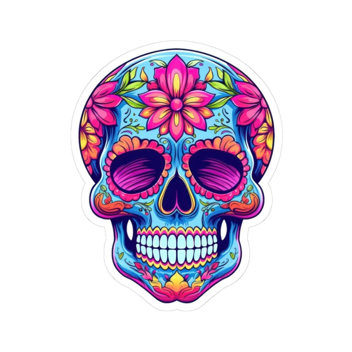 ColorFlow | Pink Floral Sugar Skull Sticker | Dia de los Muertos Vinyl Decal | Waterproof Colorful Skull Art | Boho Skull Aesthetic
