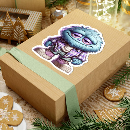 ColorFlow Blue Furry Monster Sticker | Plaid Shirt Creature Vinyl Decal