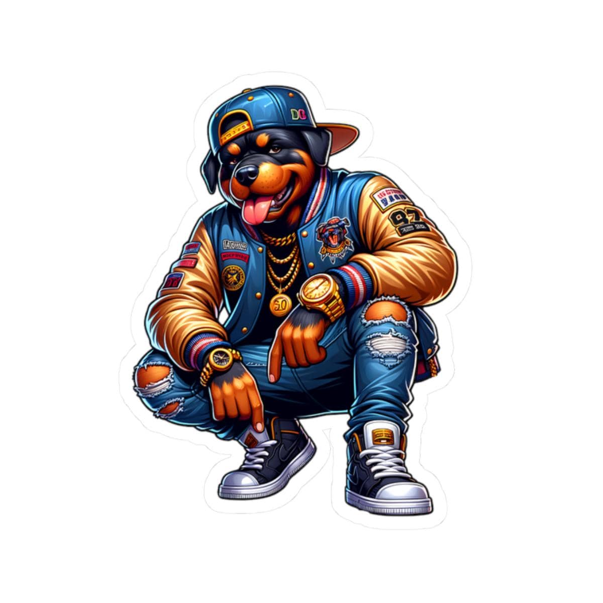 ColorFlow | Rottweiler Streetwear Kiss Cut Sticker Hip Hop Dog Art with Gold Chains, Luxury Watch, Sneakers & Varsity Jacket