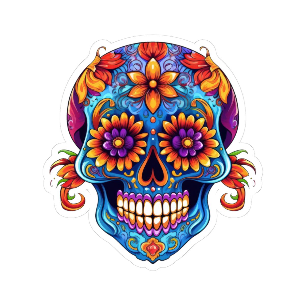 ColorFlow | Vibrant Floral Sugar Skull Sticker | Dia de los Muertos Vinyl Decal | Waterproof Skull Art | Colorful Skull Aesthetic