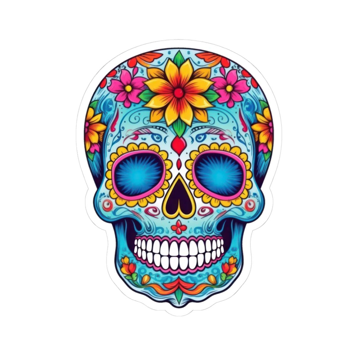 ColorFlow | Vibrant Sugar Skull Vinyl Sticker | Dia de los Muertos Floral Decal | Waterproof Colorful Skull Laptop Sticker