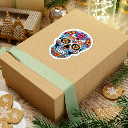 Radiant Floral Sugar Skull Vinyl Sticker | Colorful Día de los Muertos Calavera Art | Waterproof Decorative Laptop Decal