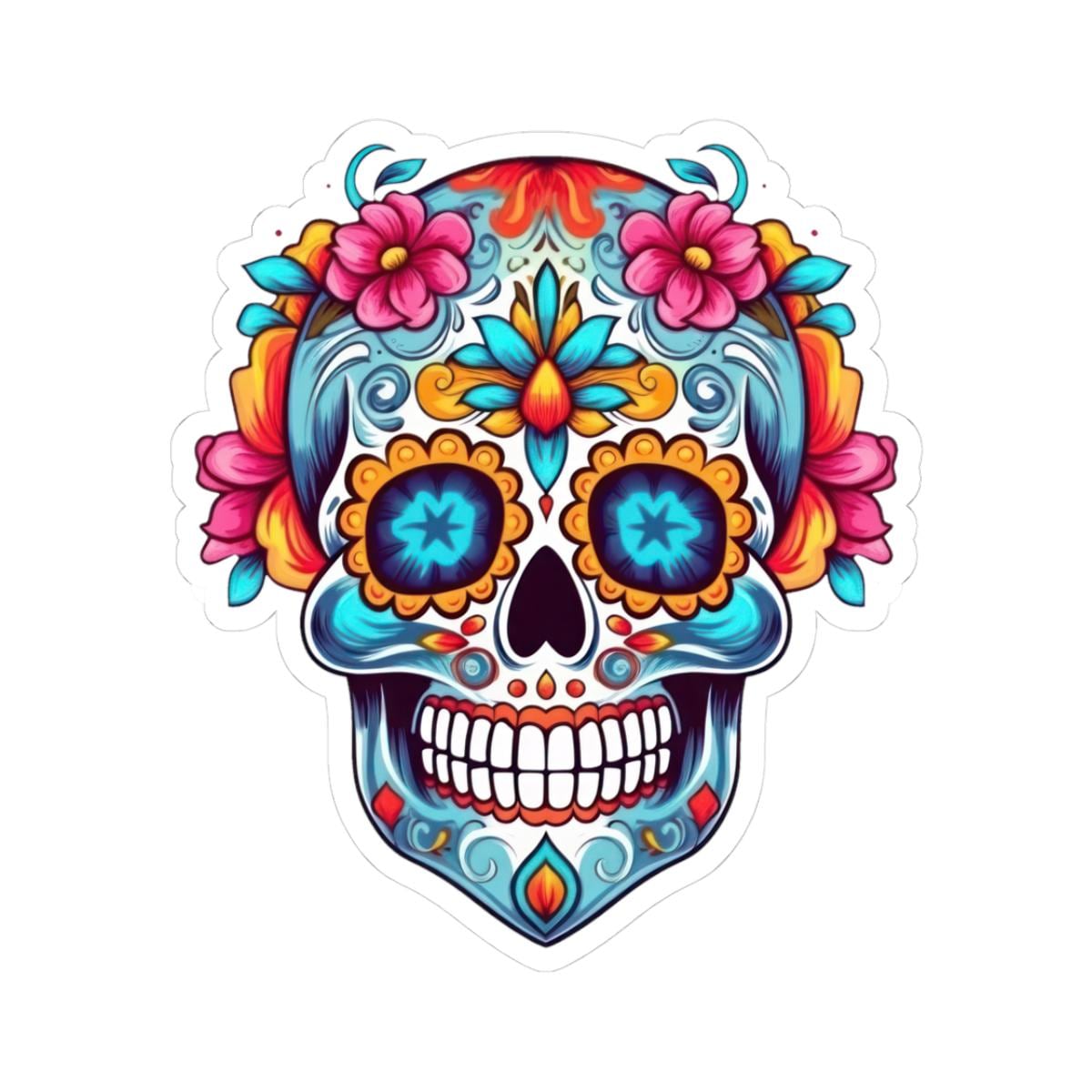 ColorFlow | Floral Sugar Skull Vinyl Sticker | Dia de los Muertos Waterproof Decal | Bright Mexican Skull for Laptop or Water Bottle