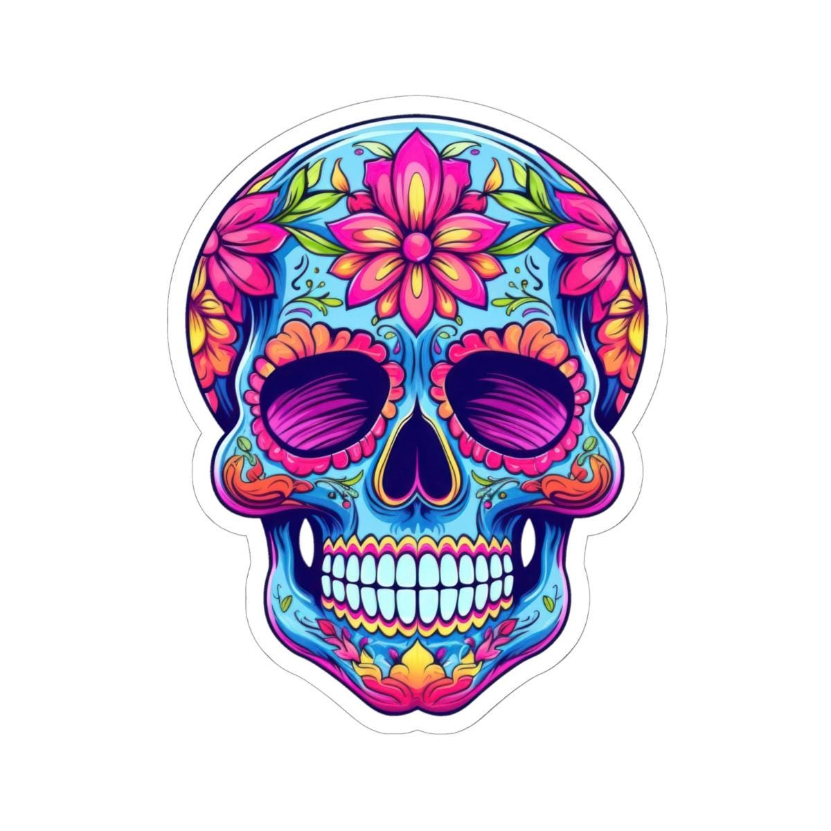 ColorFlow | Pink Floral Sugar Skull Sticker | Dia de los Muertos Vinyl Decal | Waterproof Colorful Skull Art | Boho Skull Aesthetic