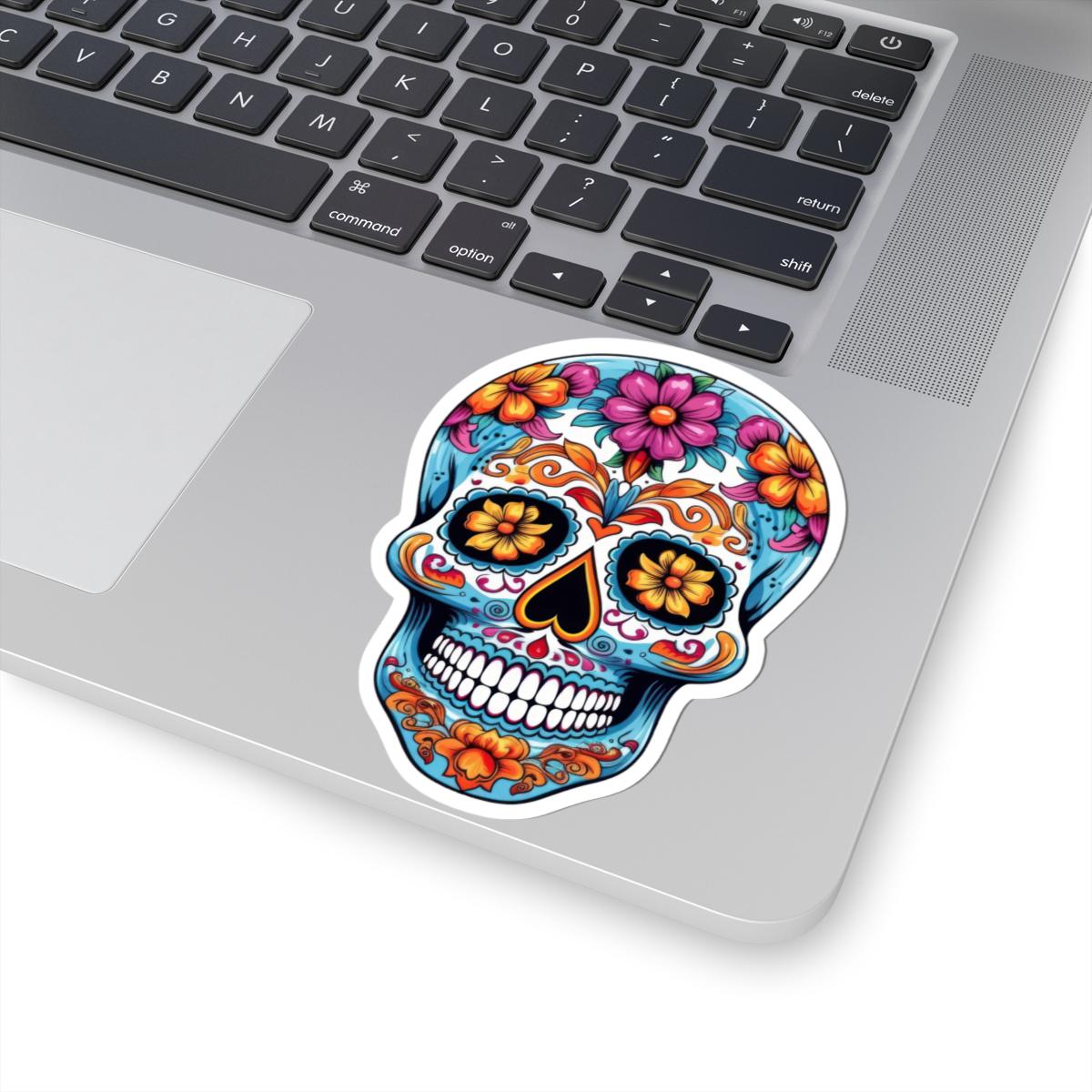 Radiant Floral Sugar Skull Vinyl Sticker | Colorful Día de los Muertos Calavera Art | Waterproof Decorative Laptop Decal