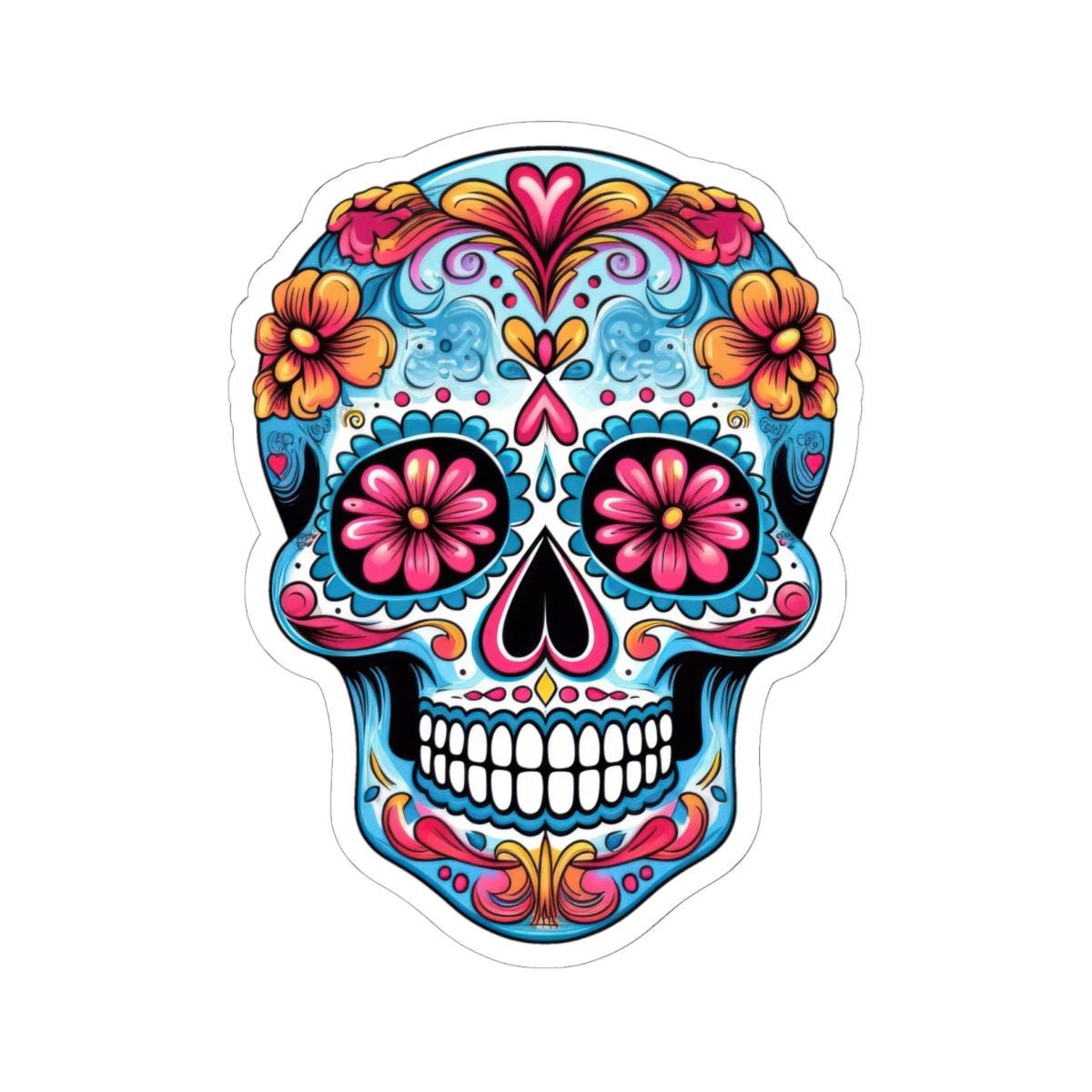 Pink Bloom Sugar Skull Vinyl Sticker | Día de los Muertos Waterproof Calavera Art | Floral Mexican Skull Laptop Decal