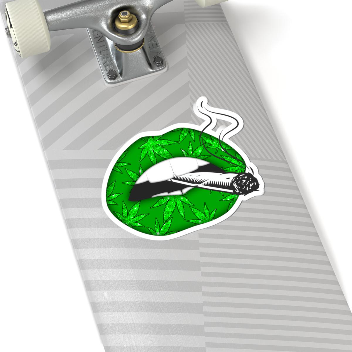 ColorFlow | Green Lips Smoking Joint Sticker Waterproof Weed Kiss Cut Vinyl Cannabis Art Stoner Babe Glossy Pothead Laptop Car Decal