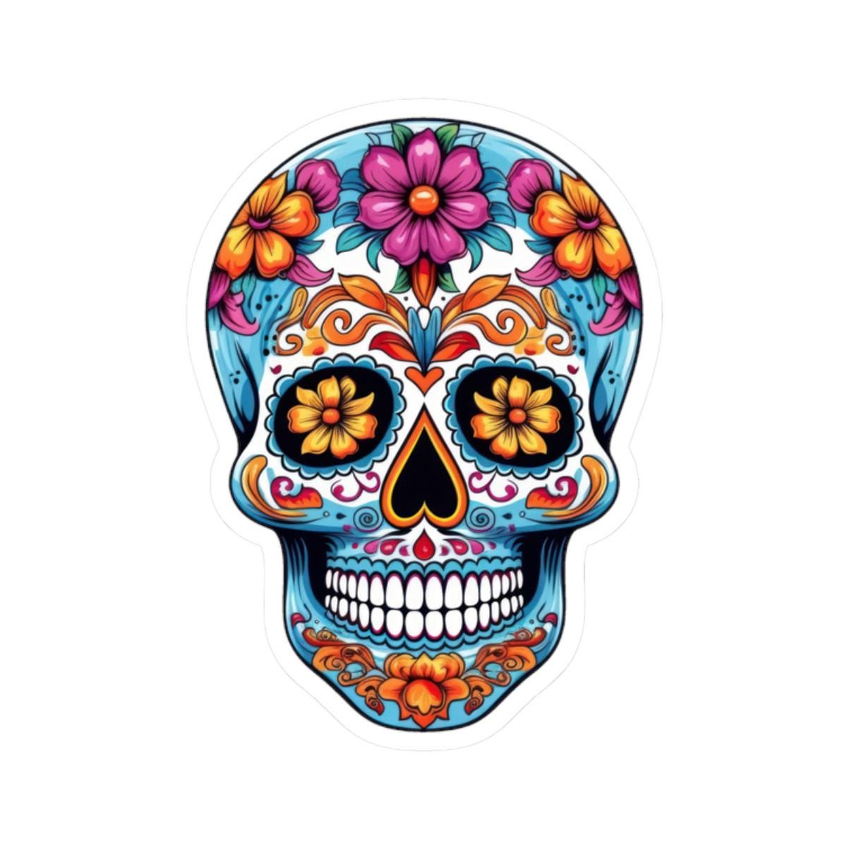 Radiant Floral Sugar Skull Vinyl Sticker | Colorful Día de los Muertos Calavera Art | Waterproof Decorative Laptop Decal