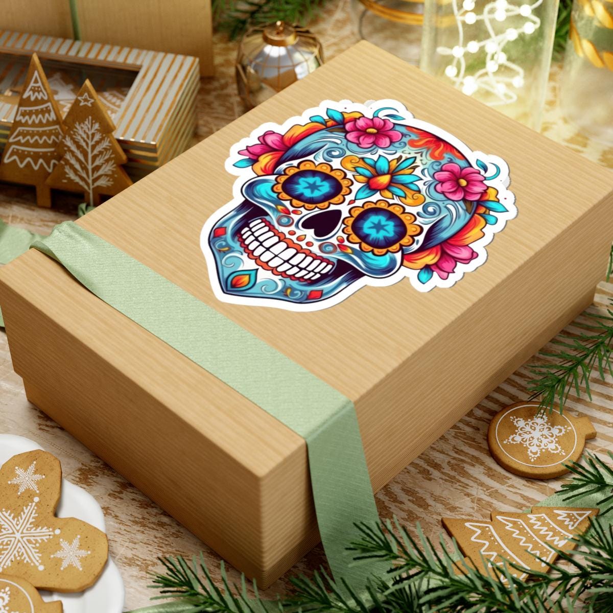 ColorFlow | Floral Sugar Skull Vinyl Sticker | Dia de los Muertos Waterproof Decal | Bright Mexican Skull for Laptop or Water Bottle