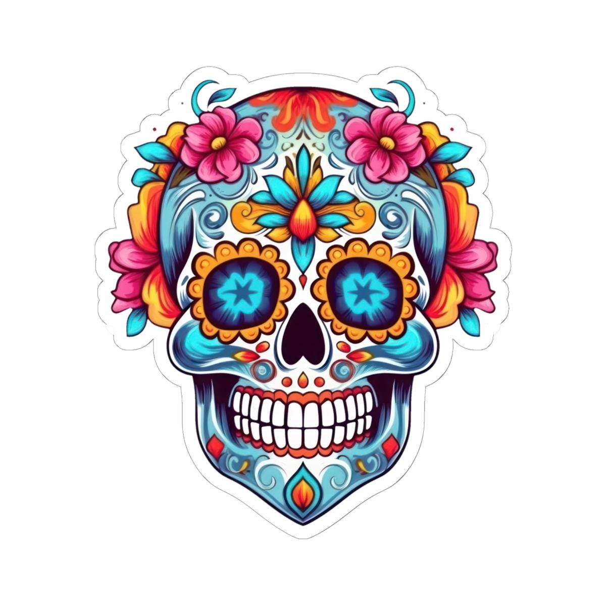 ColorFlow | Floral Sugar Skull Vinyl Sticker | Dia de los Muertos Waterproof Decal | Bright Mexican Skull for Laptop or Water Bottle