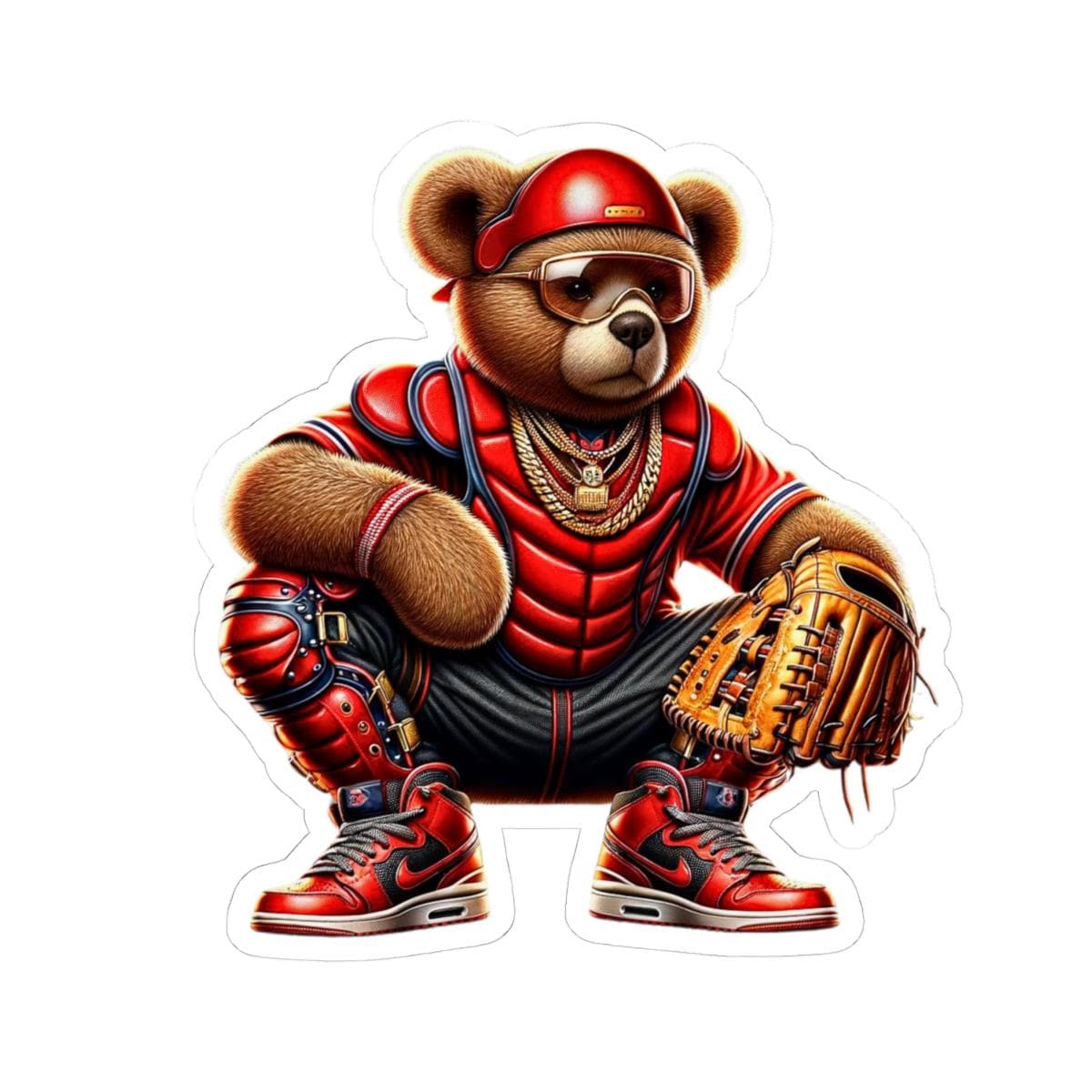 ColorFlow | Red Catcher Gangsta Teddy Sticker | Bold Baseball Bear with Bling & Glove | Urban Kiss Cut Sports Sticker