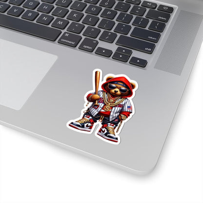 ColorFlow | Red Hoodie Baseball Bear Sticker | Hip Hop Streetwear Teddy Art | Urban Style Kiss Cut Decal