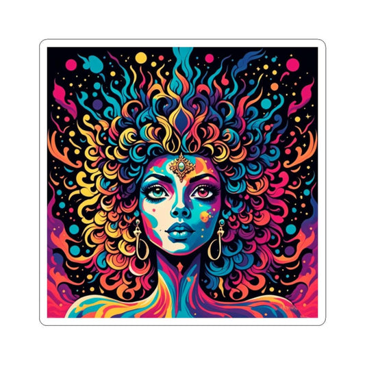 Vibrant Psychedelic Woman Art Sticker, Colorful Boho Decal for Laptops, Journals