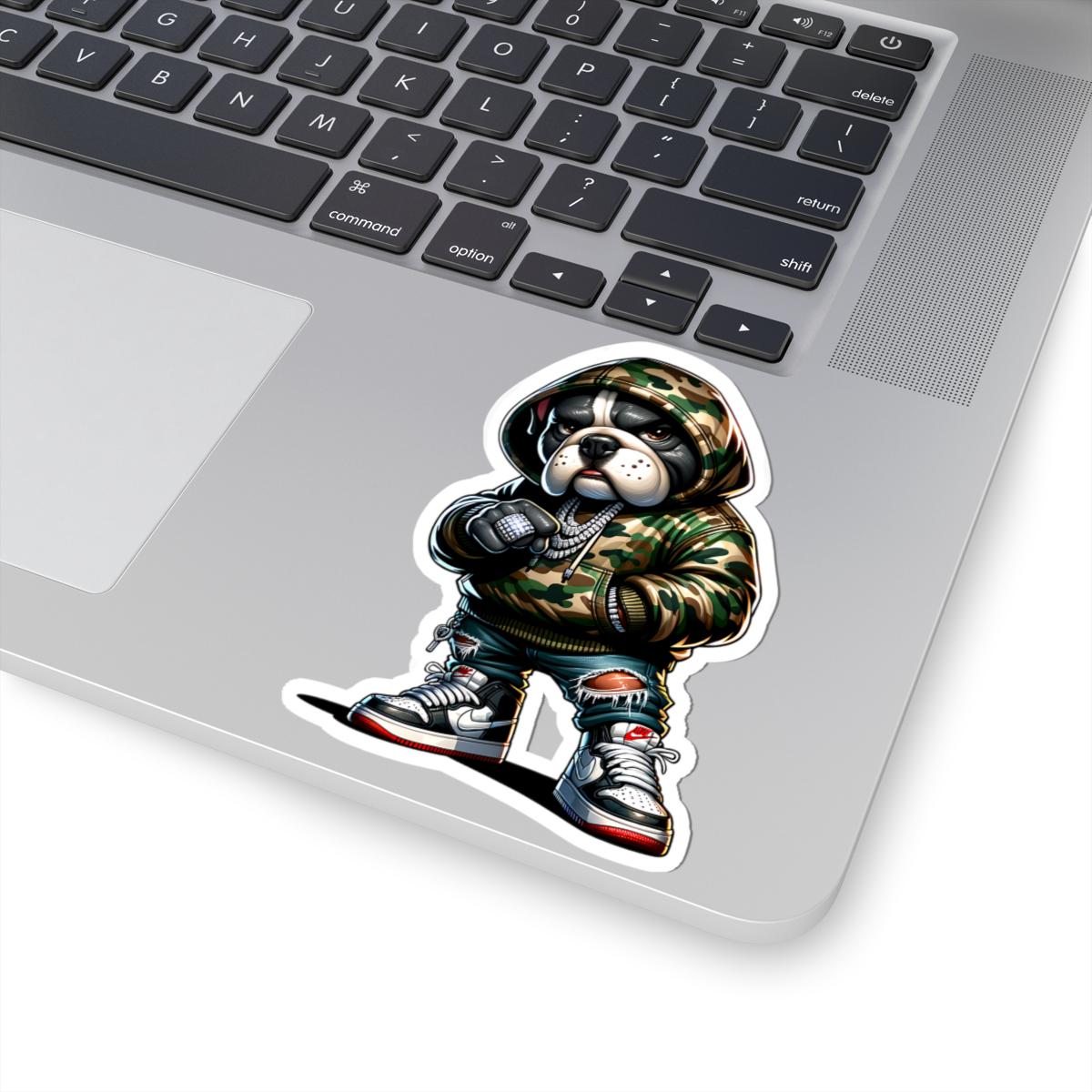 Bulldog Hoodie Sticker | Camo Urban Dog Art, Waterproof Vinyl (Glossy Finish)