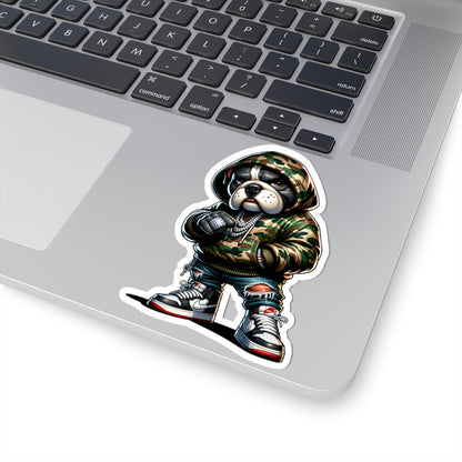 Bulldog Hoodie Sticker | Camo Urban Dog Art, Waterproof Vinyl (Glossy Finish)