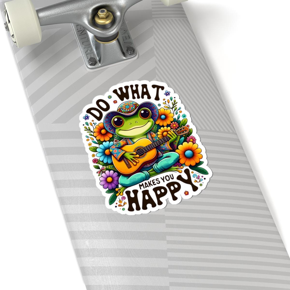 ColorFlow | Do What Makes You Happy Frog Sticker | Hippie Frog Playing Guitar Decal | Colorful Boho Vinyl Sticker for Laptops