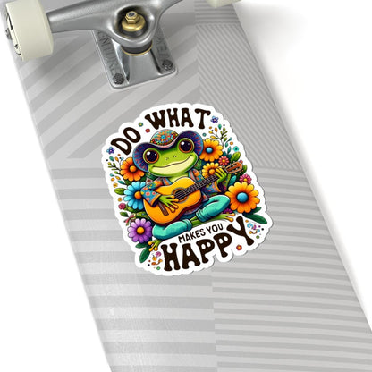 ColorFlow | Do What Makes You Happy Frog Sticker | Hippie Frog Playing Guitar Decal | Colorful Boho Vinyl Sticker for Laptops