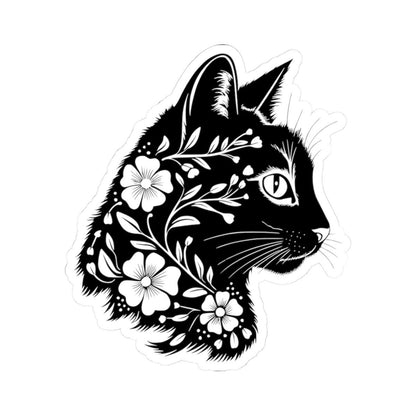 Floral Black Cat Sticker | Botanical Cat Silhouette, Nature Lover Gift